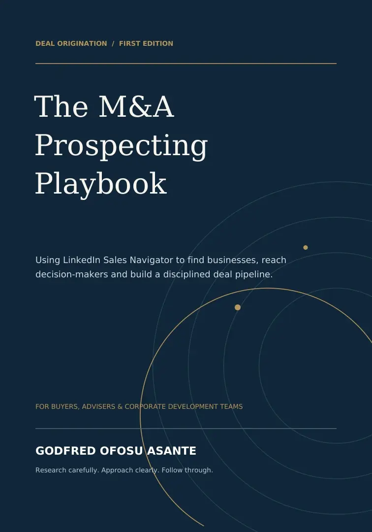 Navy and gold cover of The M&A Prospecting Playbook by Godfred Ofosu Asante